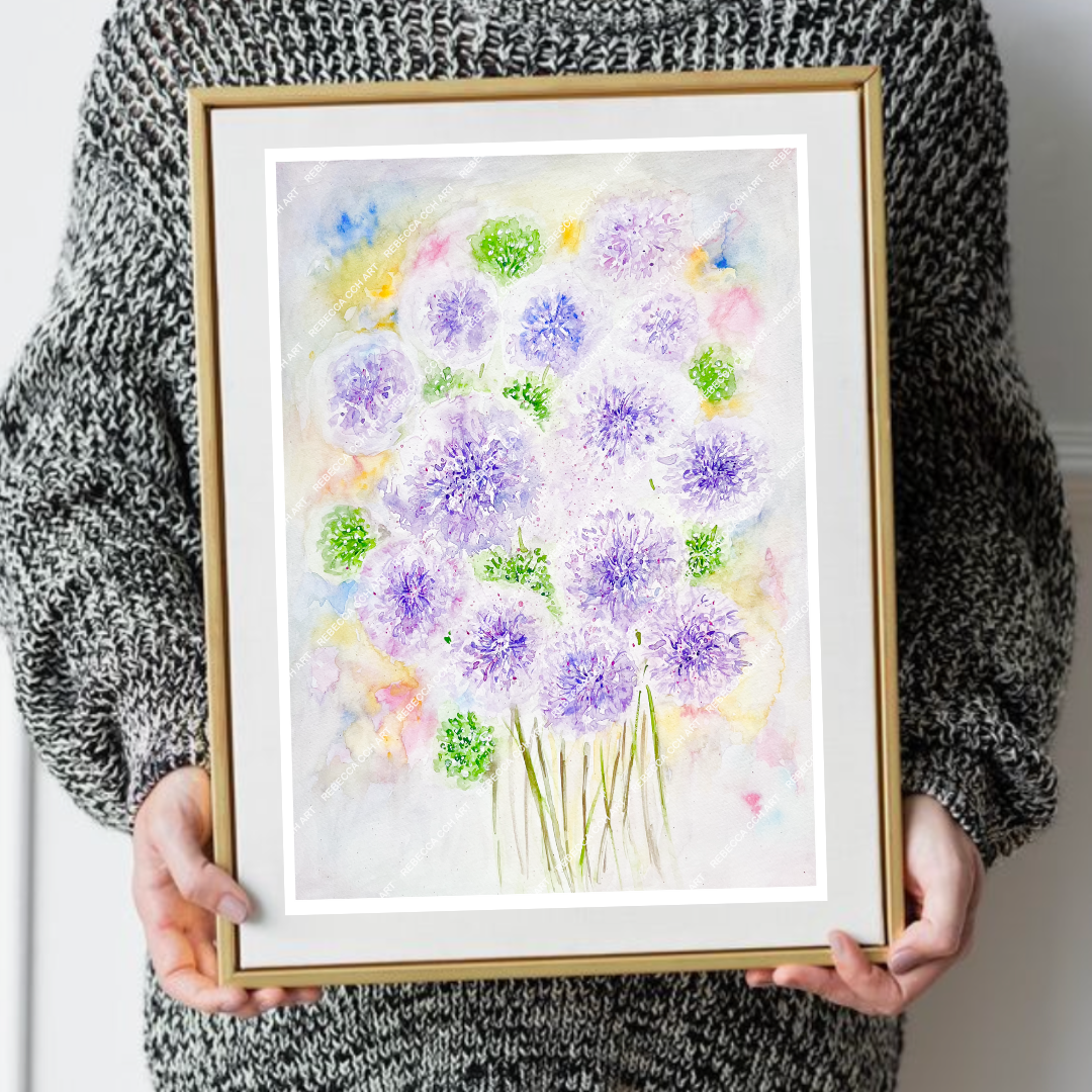 Garden Flowers Watercolour "Popping Alliums" by Rebecca Cch Art