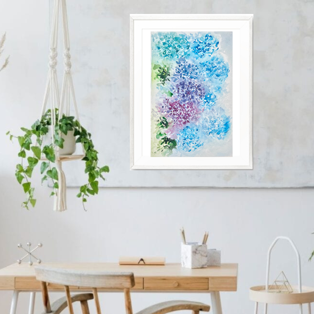 (Original) Hydrangea Floral Watercolour Painting | Flower Wall Decor, 'Hydrangea Symphony' by Rebecca Cch.