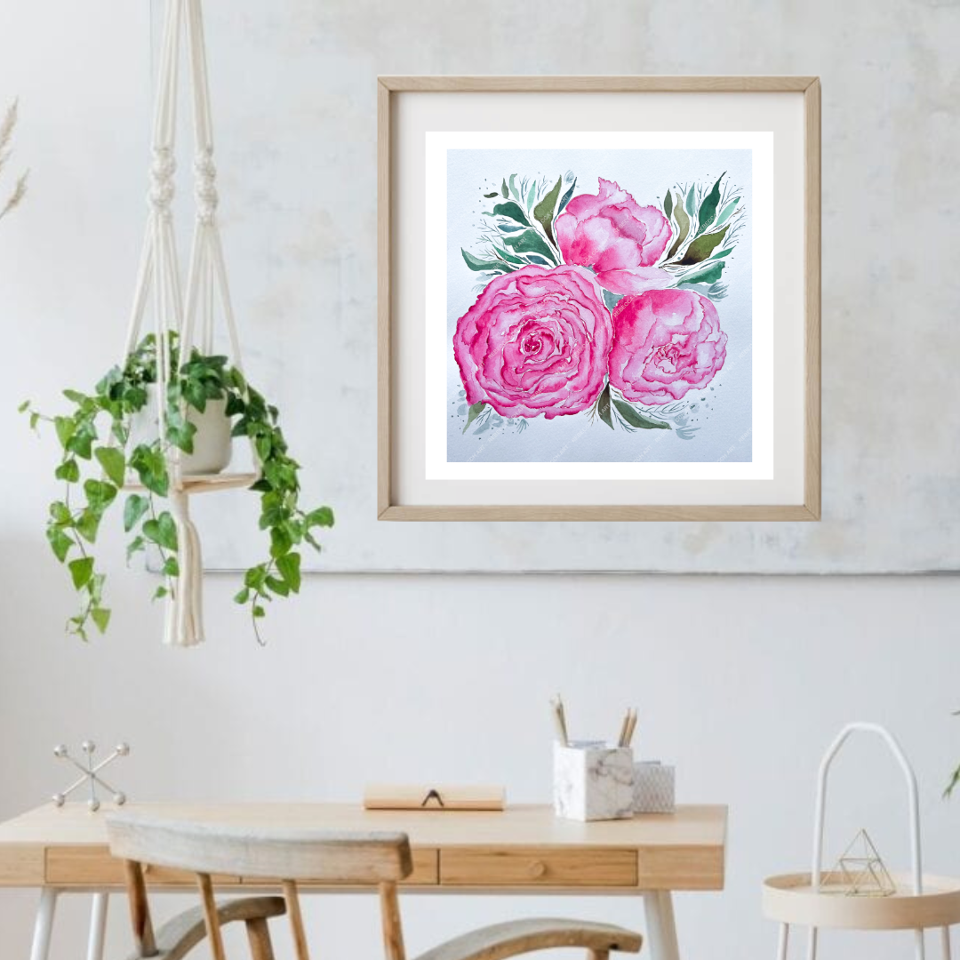 Peony painting art print, "Blooming Peonies" by Rebecca Cch Art