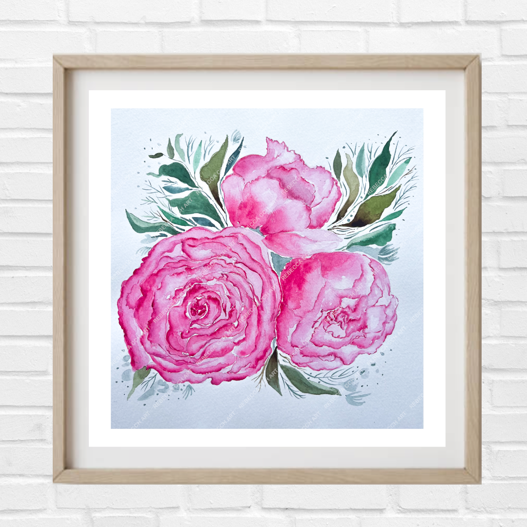 Peony painting art print, "Blooming Peonies" by Rebecca Cch Art