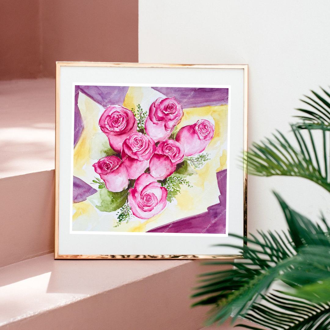 Rose Bouquet Pink aesthetic floral art print, 'For you, my dear!'