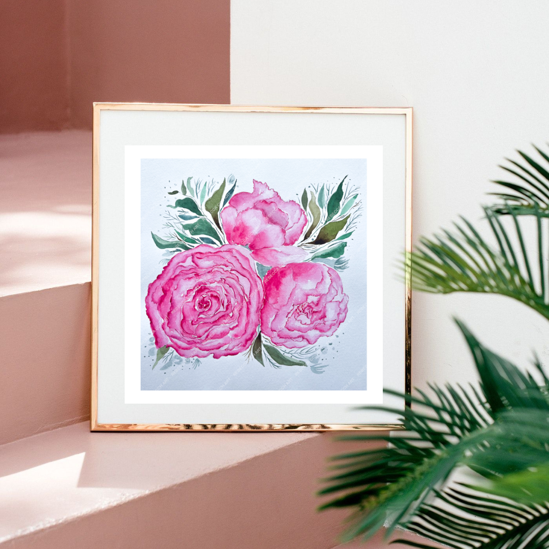 Peony painting art print, "Blooming Peonies" by Rebecca Cch Art