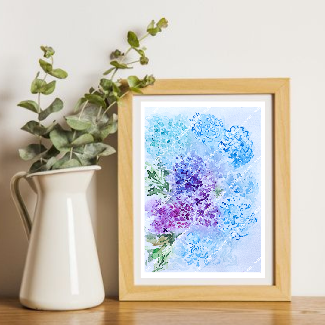 Artsy watercolour painting home decor art print "Hydrangea Symphony" by Rebecca Cch Art