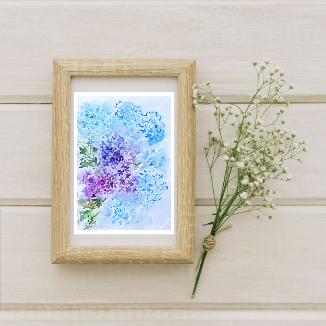 Artsy watercolour painting home decor art print "Hydrangea Symphony" by Rebecca Cch Art