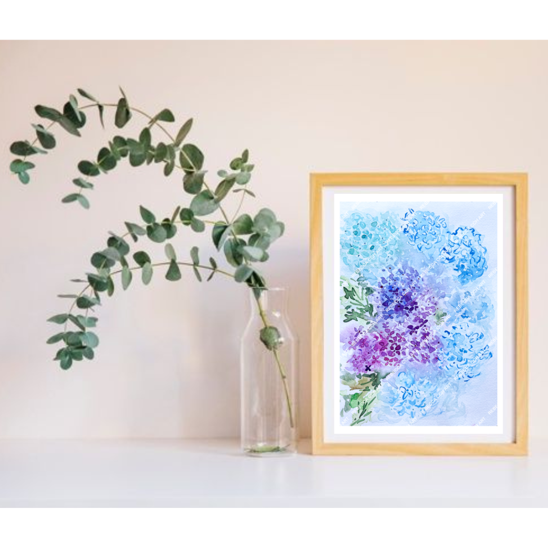 Artsy watercolour painting home decor art print "Hydrangea Symphony" by Rebecca Cch Art