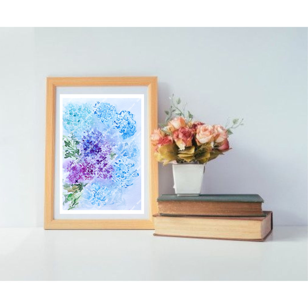 Artsy watercolour painting home decor art print "Hydrangea Symphony" by Rebecca Cch Art