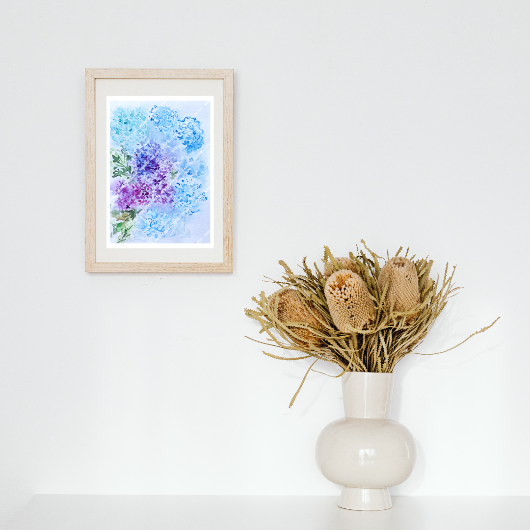 Artsy watercolour painting home decor art print "Hydrangea Symphony" by Rebecca Cch Art