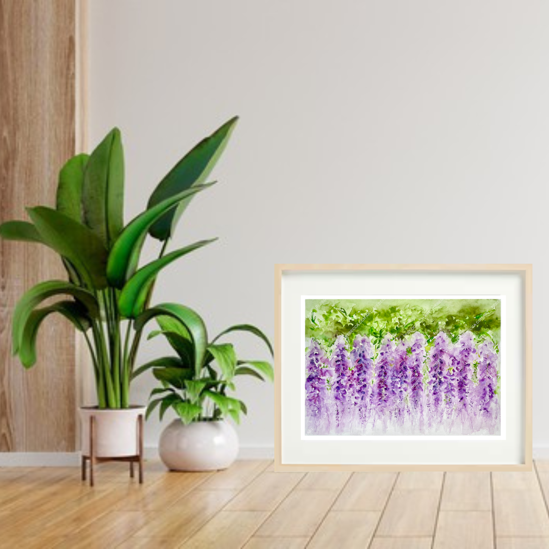 Floral Watercolour art print "Dreamy, Hanging Wisteria" by Rebecca Cch Art