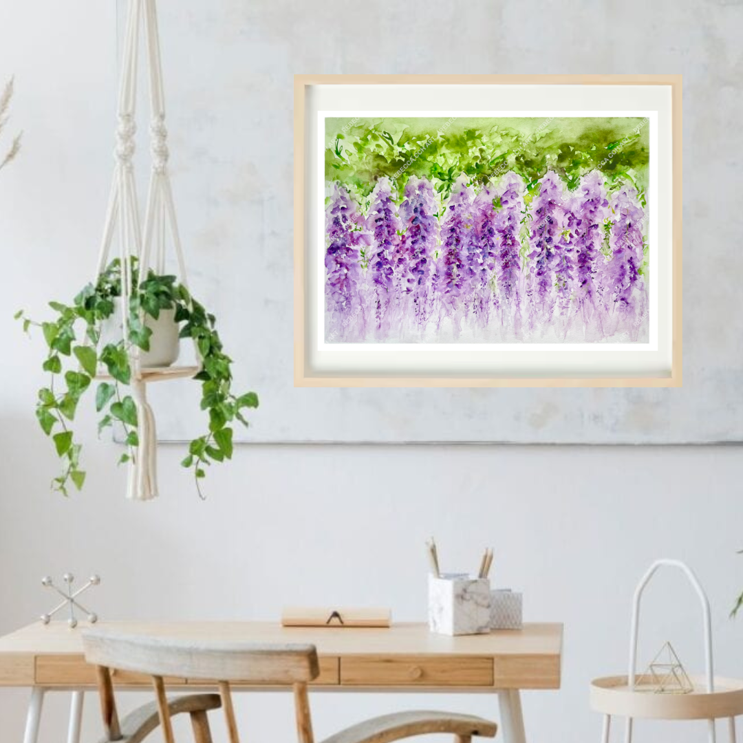 Floral Watercolour art print "Dreamy, Hanging Wisteria" by Rebecca Cch Art