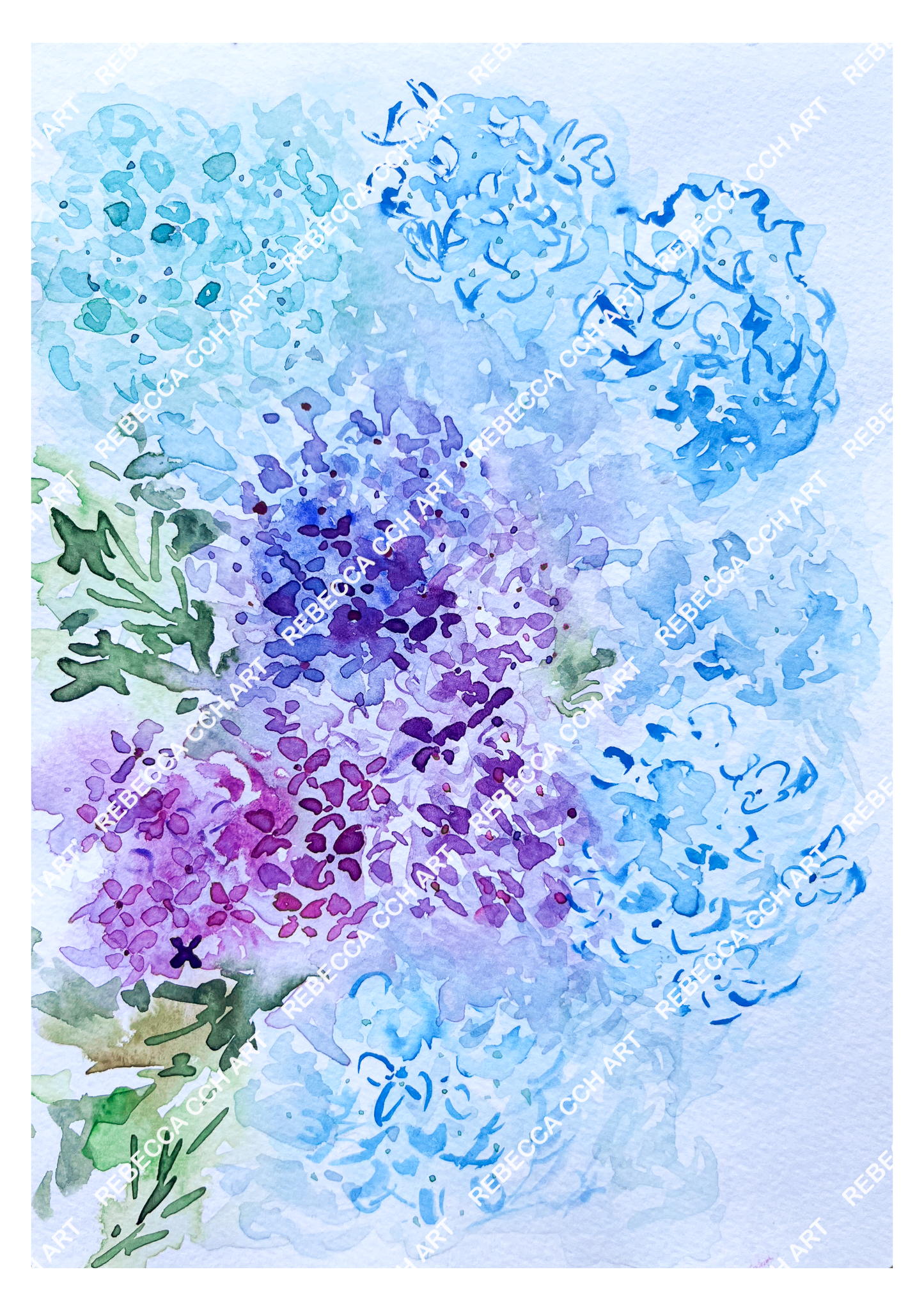 Hydrangea Watercolour Abstract Art Painting by Rebecca Cch, 'Hydrangea Cluster'