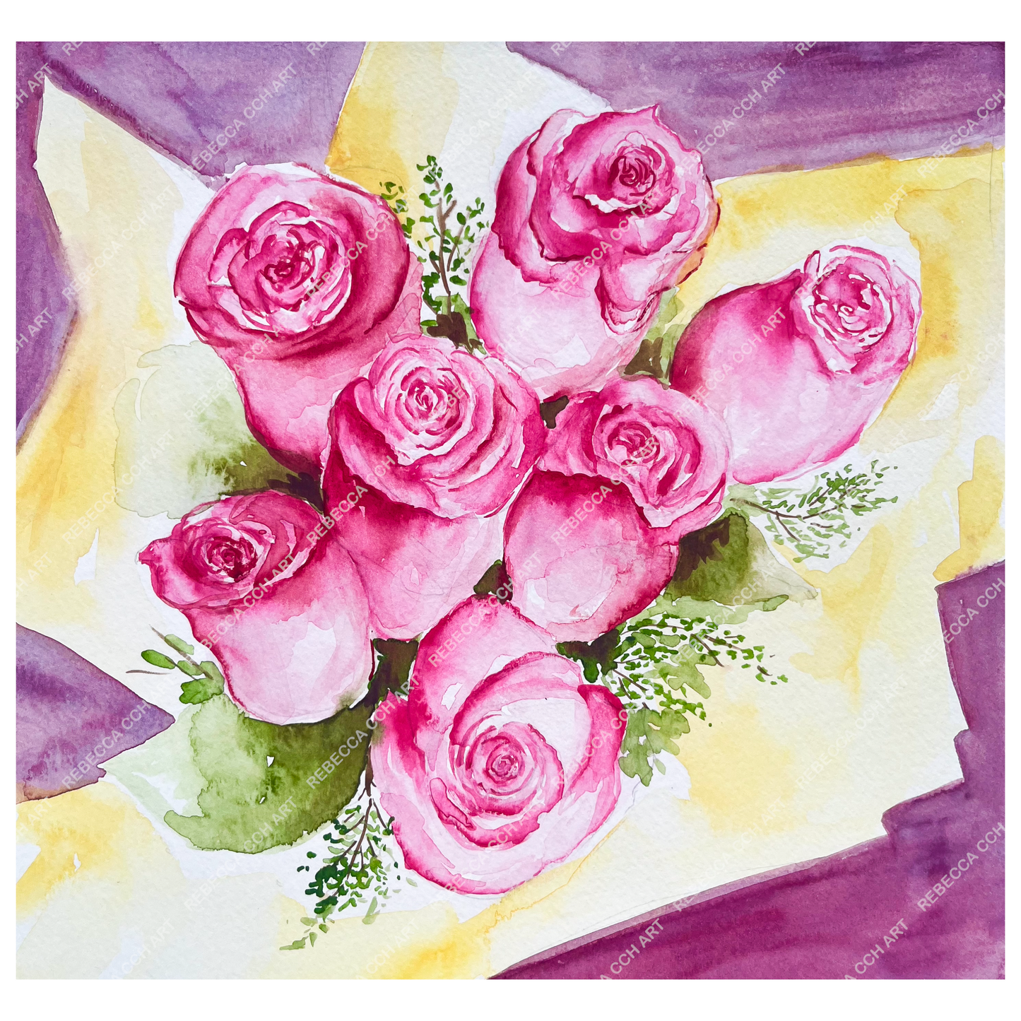 Rose Bouquet Watercolour Painting | Flower Wall Decor, 'For you, my dear!' by Rebecca Cch.