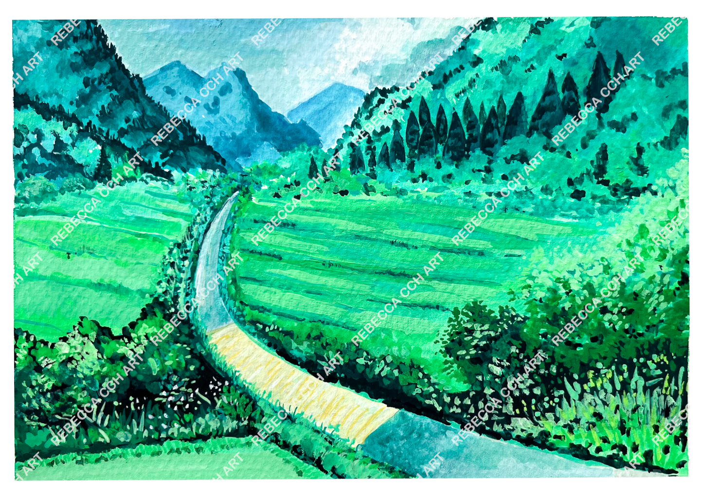 Countryside landscape painting art print "Japanese Green" by Rebecca Cch