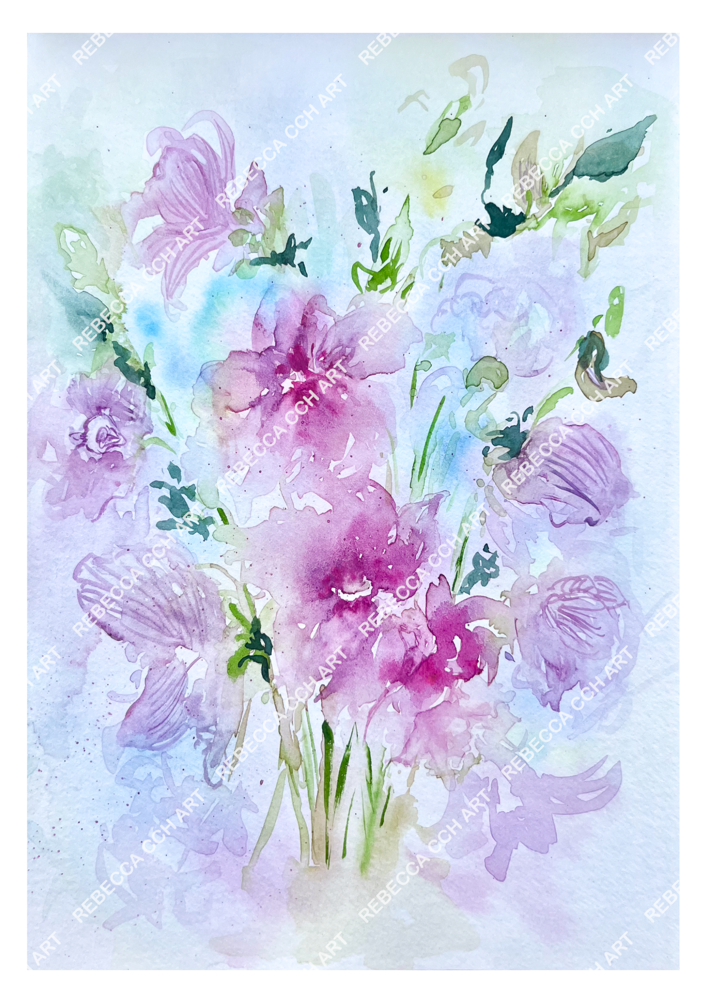 Botanical Watercolour Art print hanging decor "Orchid Fiesta" by Rebecca Cch Art