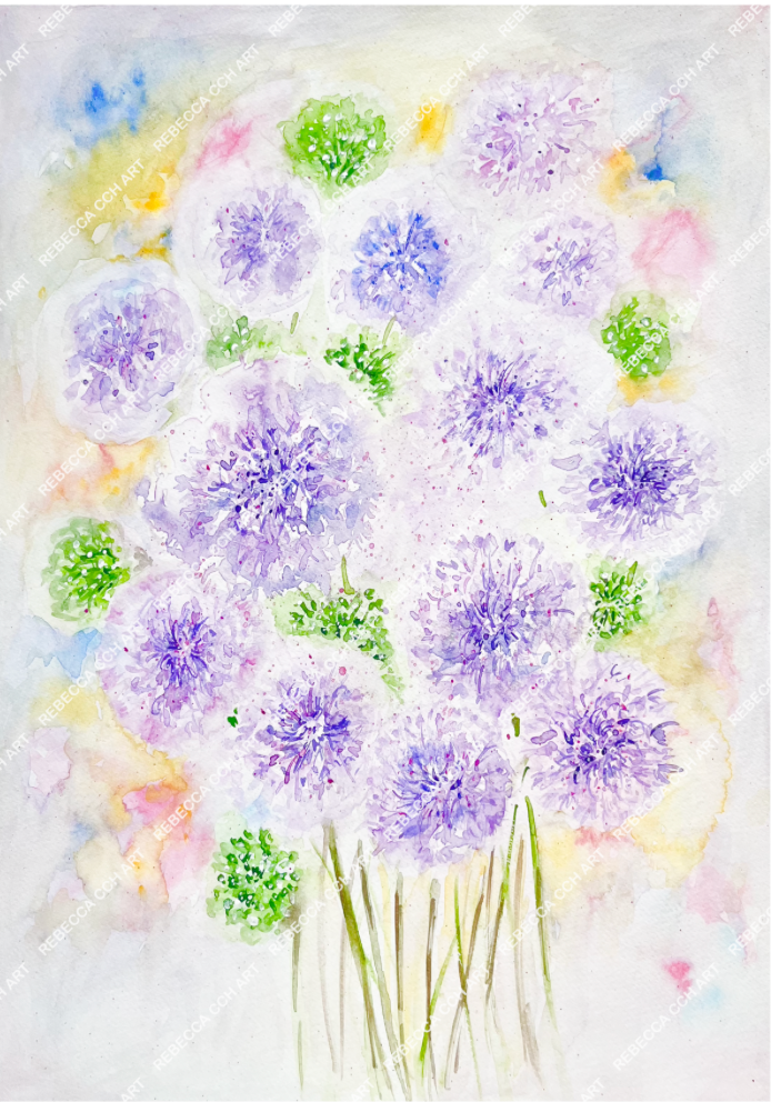 Garden Flowers Watercolour "Popping Alliums" by Rebecca Cch Art