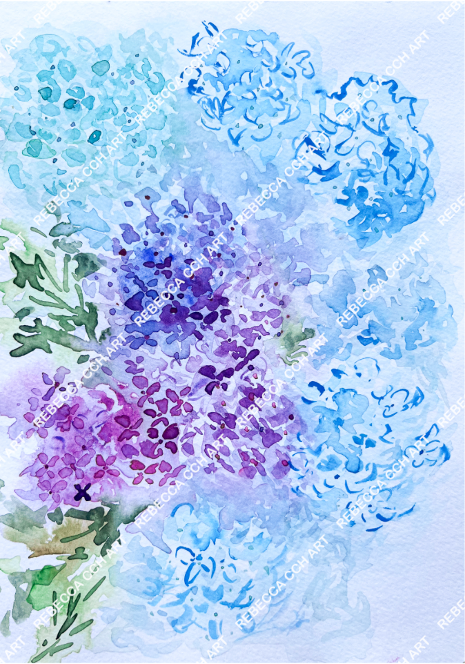 Artsy watercolour painting home decor art print "Hydrangea Symphony" by Rebecca Cch Art