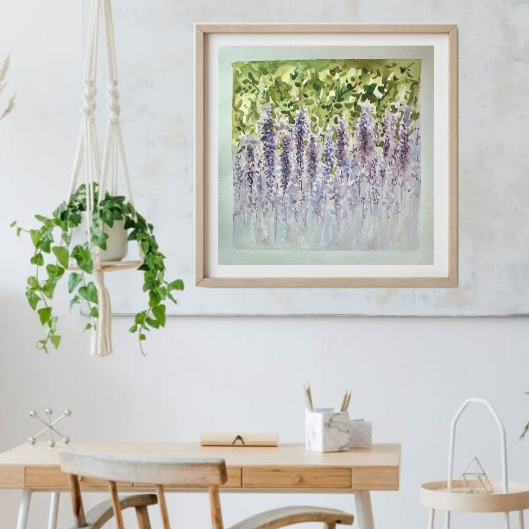 'Dreamy Wisteria' Watercolour Floral Art Impressionistic painting by Rebecca Cch